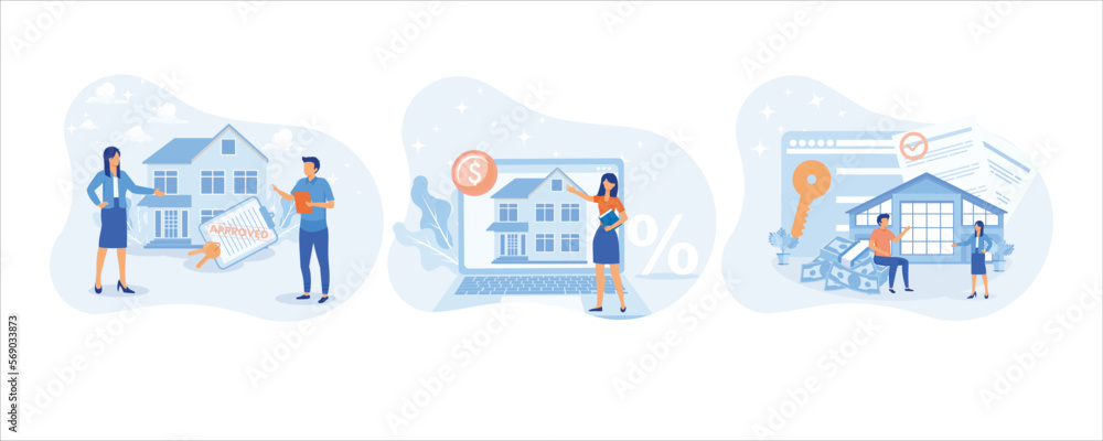 Obraz premium Mortgage process illustration set. People buying property with mortgage. Characters getting bank approval, reading contact and legal documents and receiving house keys. set flat vector illustration