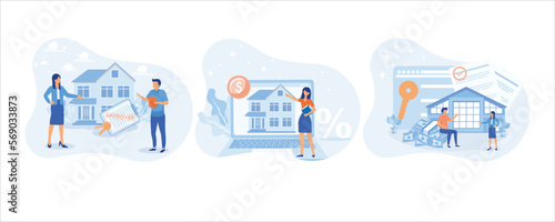 Mortgage process illustration set. People buying property with mortgage. Characters getting bank approval, reading contact and legal documents and receiving house keys. set flat vector illustration