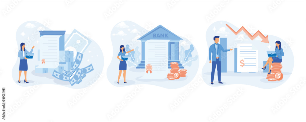 Finance and investment illustration set. Business characters purchasing bonds or stock on capital market. Financial and stock trading concept.set flat vector illustration Finance and investment illustration set. Business characters purchasing bonds or stock on capital market. Financial and stock trading concept.set flat vector illustration