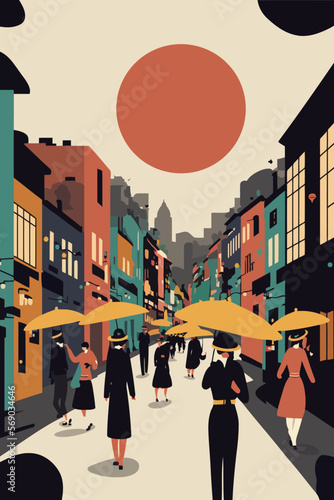 People walking on the street of the old city, vector illustration.
