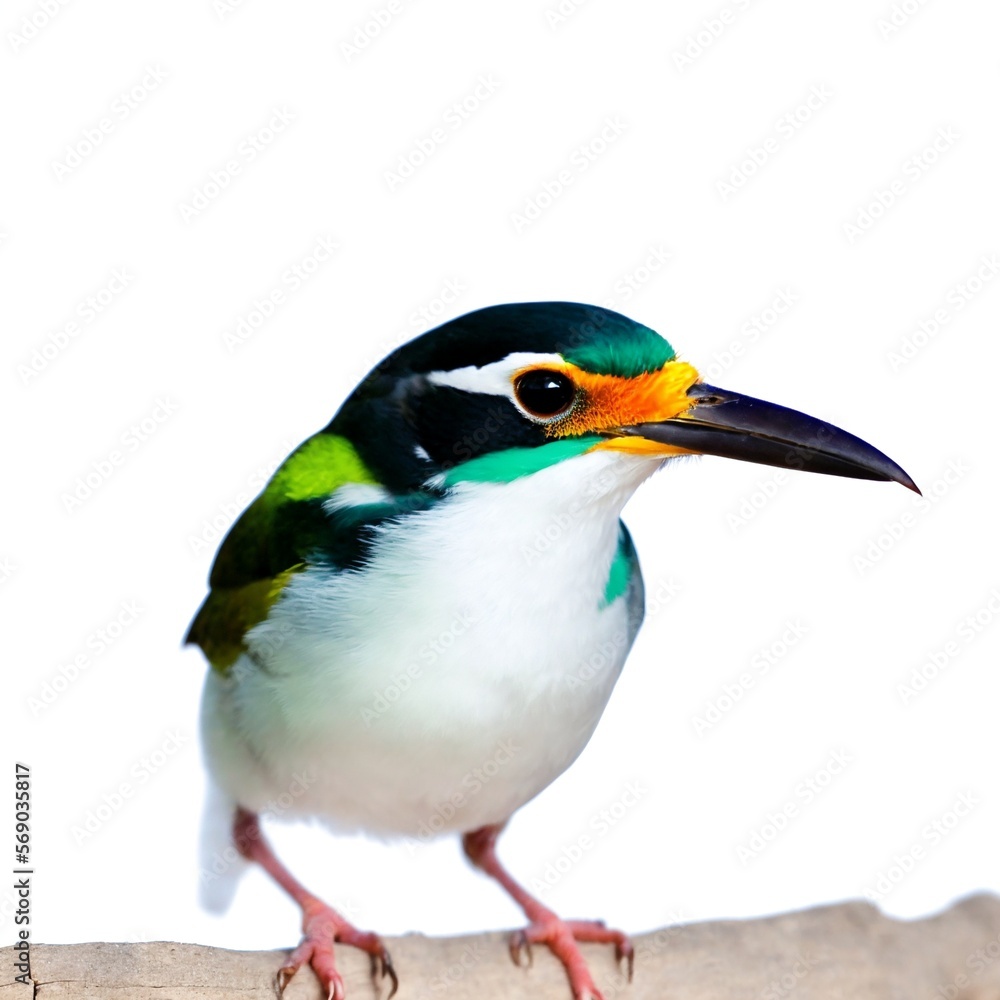 Naklejka premium Colorful Bird on Wooden Perch with White Background Created with Generative AI and Other Techniques