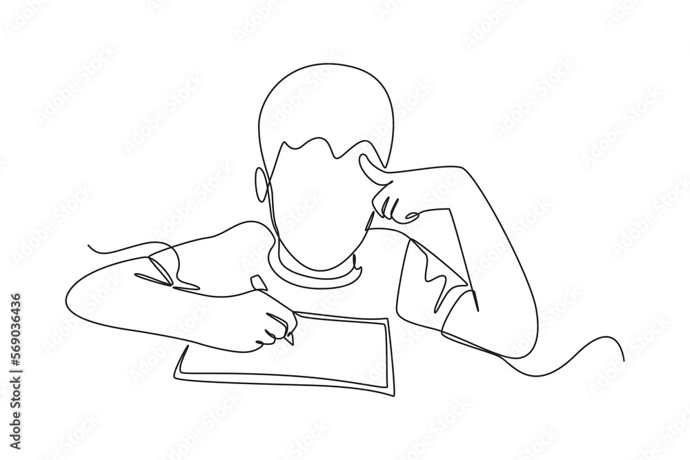 Single one line drawing Cute little boy sitting on chair writing on notebook doing his homework. Student concept. Continuous line draw design graphic vector illustration. Single one line drawing Cute little boy sitting on chair writing on notebook doing his homework. Student concept. Continuous line draw design graphic vector illustration.
