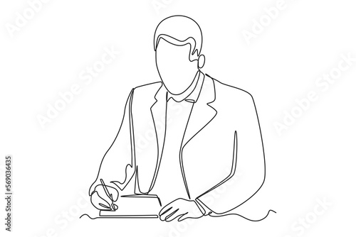 Single one line drawing businessman hands holding pen and filling tax form. Tax concept. Continuous line draw design graphic vector illustration.
