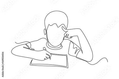 Single one line drawing Cute little boy sitting on chair writing on notebook doing his homework. Student concept. Continuous line draw design graphic vector illustration.