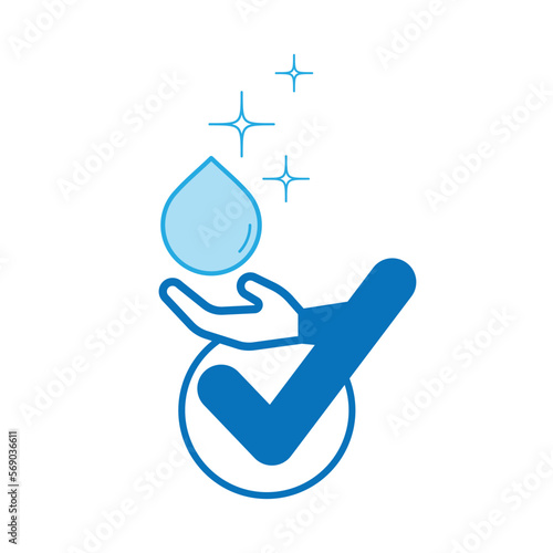 Check mark icon merged with hand got clean water drop as a gimmick of clean water is a human right.
Vector illustration outline flat design style.