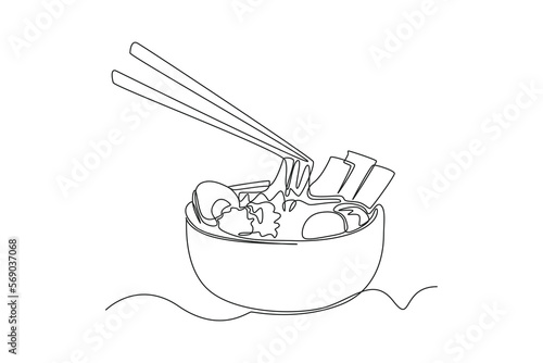 Single one line drawing noodles with egg. Breakfast Concept. Continuous line draw design graphic vector illustration.