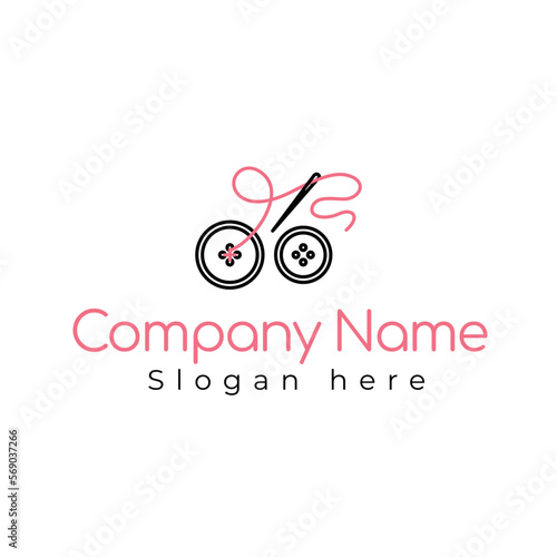 logo icon with sewing needle and two buttons in black and pink colors for handmade and needlework sphere
