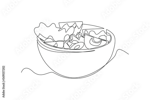 Single one line drawing Fresh vegetable salad in bowl. Breakfast Concept. Continuous line draw design graphic vector illustration.