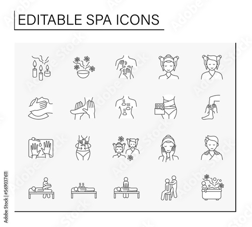 Spa line icons set. Delicate beauty procedures. Body massage and aromatherapy. Health care. Cosmetology concept. Isolated vector illustrations. Editable stroke