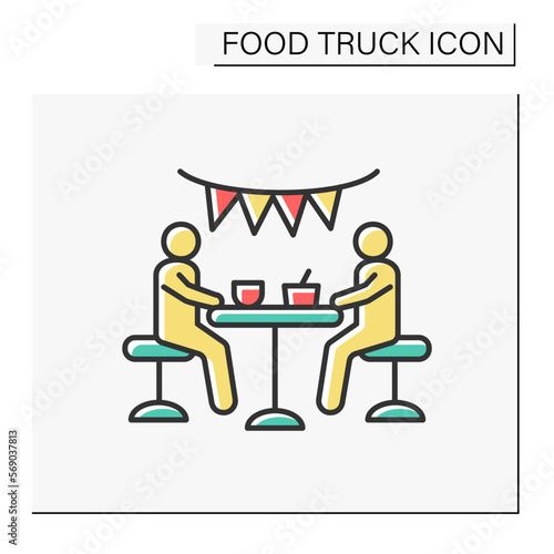 Festival color icon. Outdoor dining. People eat food on terrasse. Party. Food truck concept. Isolated vector illustration