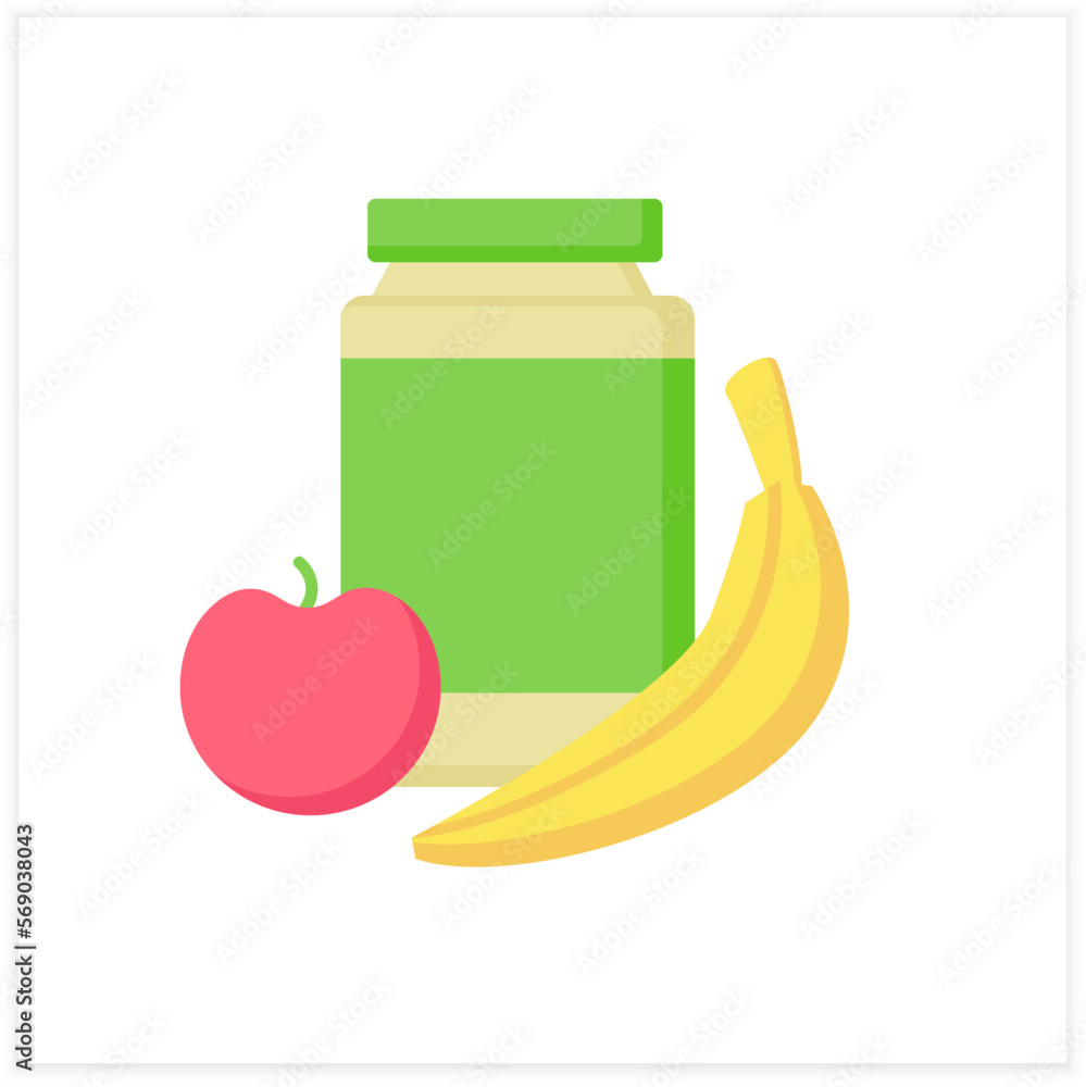 Healthy food flat icon. Organic children nutrition. Puree with fruits. Porridge with banana and apple. Healthy menu. Baby food concept. Color vector illustration Healthy food flat icon. Organic children nutrition. Puree with fruits. Porridge with banana and apple. Healthy menu. Baby food concept. Color vector illustration