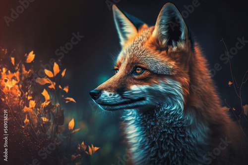 fox, neon style, close-up, portrait, bright background, nature background, high quality, high detail, 8k, Generative AI