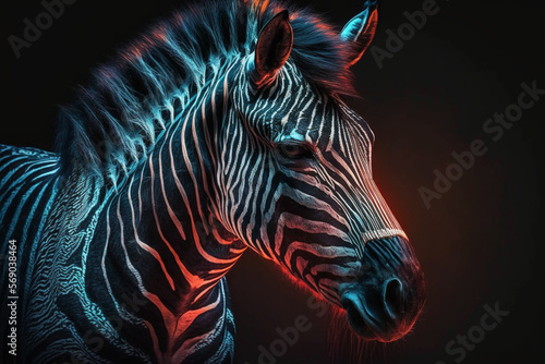 zebra  neon style  close-up  portrait  bright background  nature background  high quality  high detail  8k  Generative AI