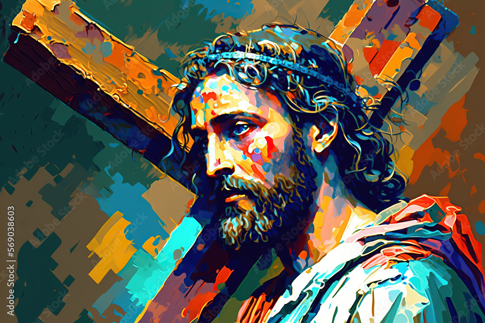 Jesus Christ carrying cross portrait , abstract original art for easter