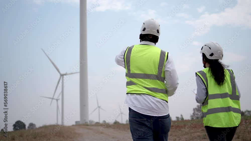 Two engineers walking and discussing wind energy project and work in wind farm. clean energy concept Renewable energy saves the world Two engineers walking and discussing wind energy project and work in wind farm. clean energy concept Renewable energy saves the world