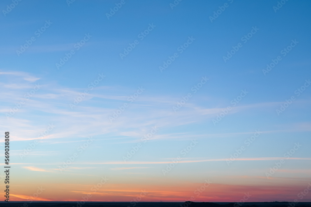 Minimal artistic colorful sunset sky background with horizon line.