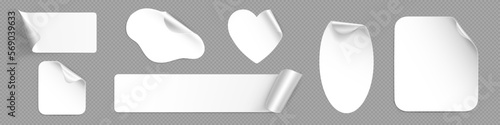 Peel off stickers, white paper patches mockup. Blank labels of different shapes heart, square, oval and rectangular with curve edges isolated on transparent background, Realistic 3d vector icons set