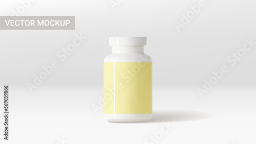 Template of white bottle with pills. 3d vector illustration with plastic bottle for presentation of pills, vitamins, capsules or dietary supplement. Mockup of 3d jar with blank labels.