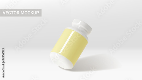 Vector mockup of white bottle with pills. 3d vector illustration with plastic bottle for presentation of pills, vitamins, capsules or dietary supplement. Template of 3d jar with blank labels.