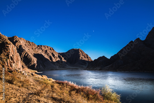 Suset rocky picturesque landscape with the Ili river in the Almaty region of Qazaqstan.