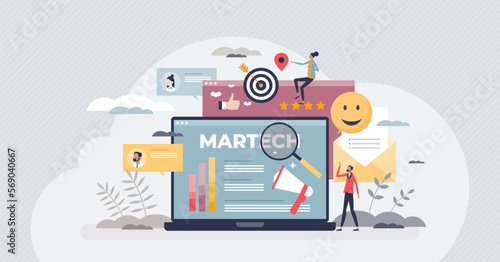 Martech or marketing technology for advertising automation tiny person concept. Business platform for ads strategy analysis, social media content analyze and effective analytics vector illustration.