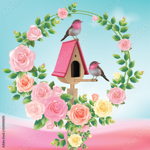 Pink birdhouse with birds, couples, framed by roses.