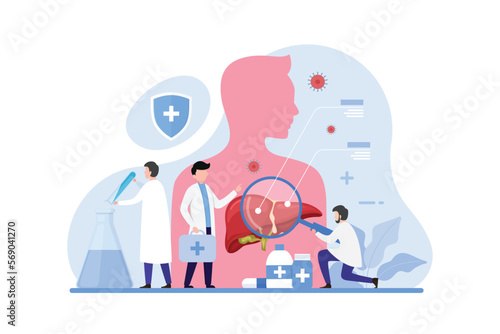 Doctor make liver examination design concept. Hepatologists  diagnose, manage, and treat conditions affecting the liver vector illustration