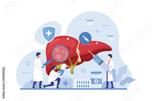 Doctor make liver examination design concept. Hepatologists  diagnose, manage, and treat conditions affecting the liver vector illustration