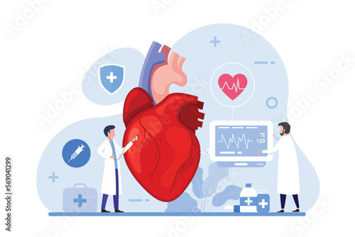 Heart care and medical diagnostic design concept. Doctors treat heart disease vector illustration