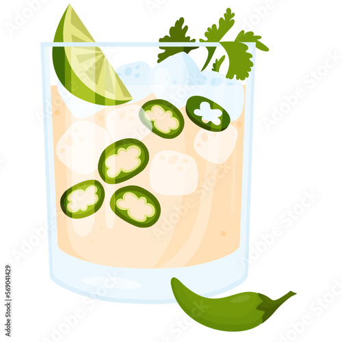 Mexican cocktail Spicy Jalapeno Margaritas. Vector illustration. Latin American popular drink in flat style for menu design and decoration, culinary themes.