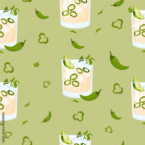Seamless pattern with Mexican cocktail Spicy Jalapeno Margaritas on green background with chili peppers. Vector illustration. Continuous background pattern with latin american drink.