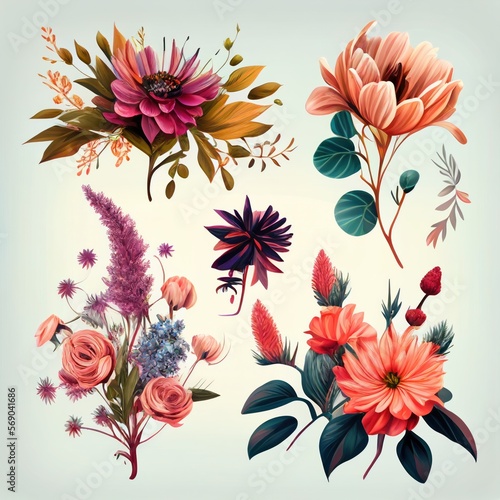 Watercolor flowers set. Collection of decorative elements bright colorful flowers, leaves, grass, hand drawn with watercolors. Decoration Watercolor flowers isolated. Generative AI © megavectors