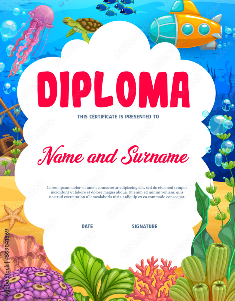 Cartoon kids diploma with underwater landscape