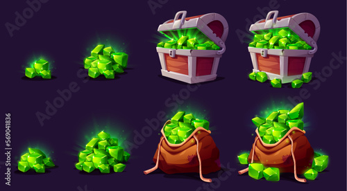Set of gemstone pile, treasure chest and sack full of green mineral stones on dark background. Vector cartoon illustration of precious emerald crystals. Adventure game award, ui design elements