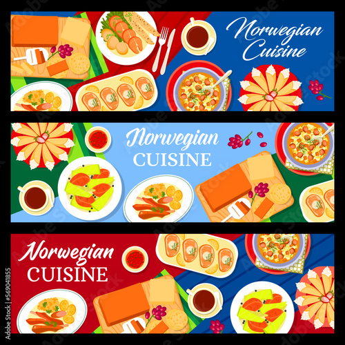 Norwegian cuisine banner, Scandinavian food dishes