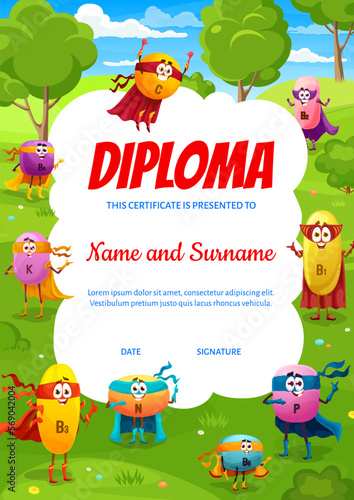 Kids diploma with Cartoon superhero micronutrient
