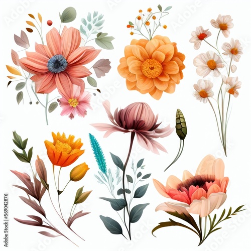 Watercolor flowers set. Collection of decorative elements bright colorful flowers  leaves  grass  hand drawn with watercolors. Decoration Watercolor flowers isolated. Generative AI