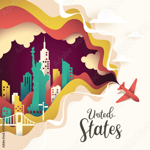 Airplane flying in panorama of world famous landmarks of new york for travel advertising