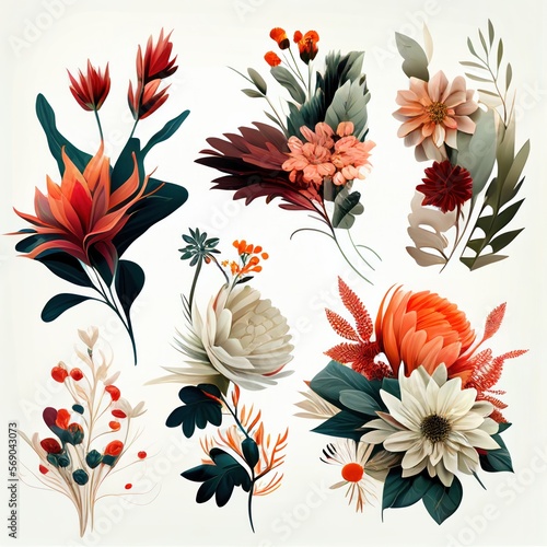 Watercolor flowers set. Collection of decorative elements bright colorful flowers  leaves  grass  hand drawn with watercolors. Decoration Watercolor flowers isolated. Generative AI