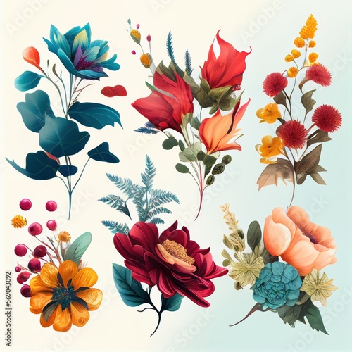 Watercolor flowers set. Collection of decorative elements bright colorful flowers  leaves  grass  hand drawn with watercolors. Decoration Watercolor flowers isolated. Generative AI