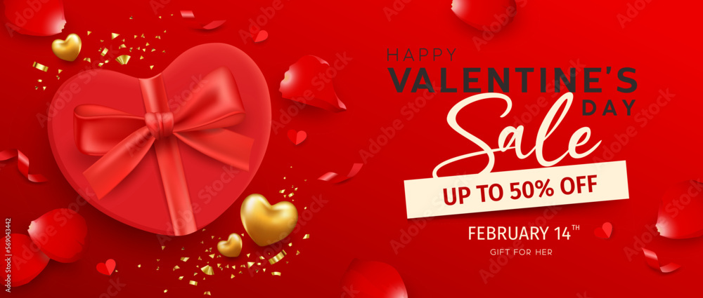 Naklejka premium Happy Valentine's day sale, gift box red heart with rose petals banner design on red background, EPS10 Vector illustration.
