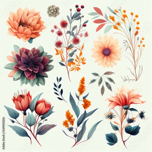 Watercolor flowers set. Collection of decorative elements bright colorful flowers  leaves  grass  hand drawn with watercolors. Decoration Watercolor flowers isolated. Generative AI