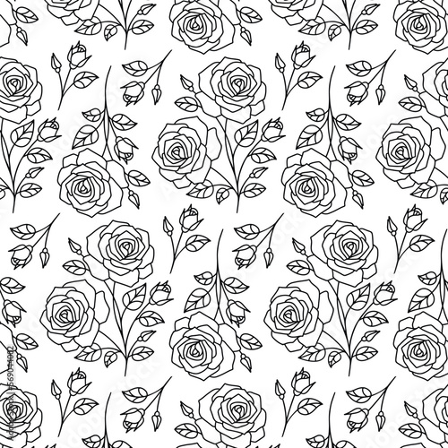 seamless black and white pattern with rose branches