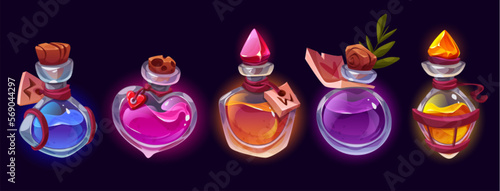 Potion bottles with magic elixir, cartoon glass flasks with colorful glowing liquid and corkwood or crystal plugs. Witch poison gui or ui game assets, alchemist apothecary vials, Vector icons set