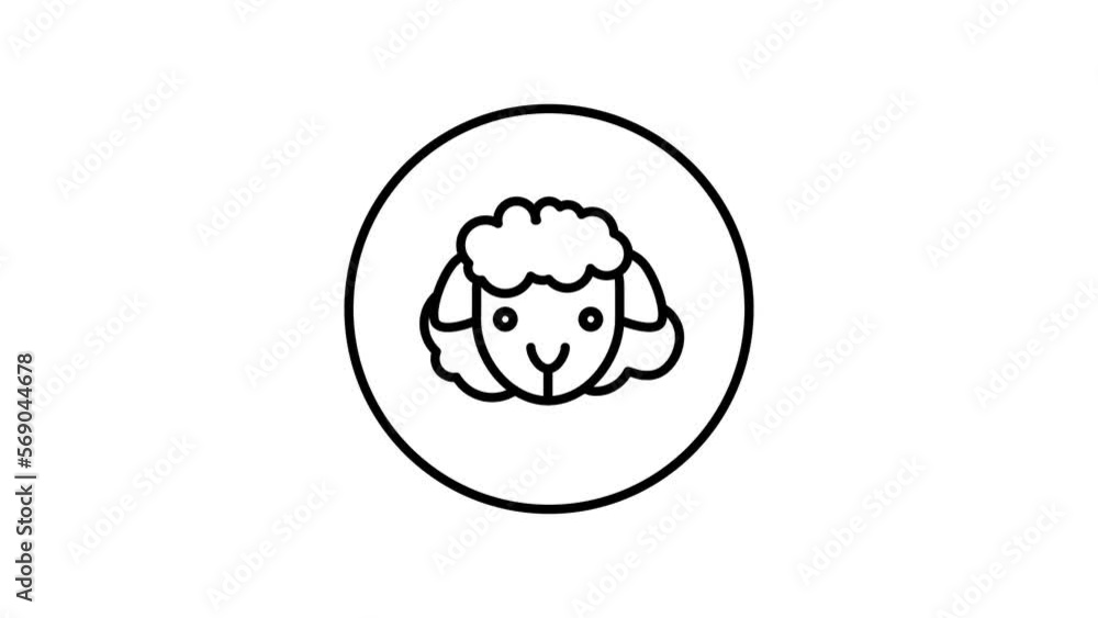 Sheep head black and white line icon vector illustration in a circle, for web use for farm animals video animation, self drawing. Sheep head black and white line icon vector illustration in a circle, for web use for farm animals video animation, self drawing.