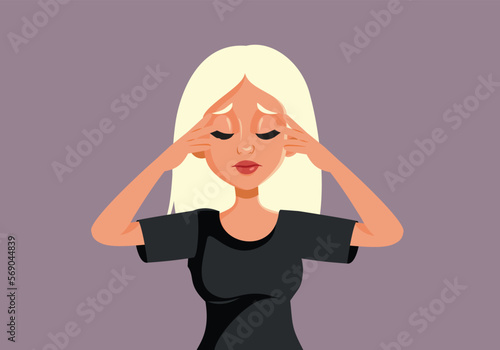 Unhappy Young Woman Experiencing Headache Symptom Vector Illustration. Sad stressed girl feeling exasperated and annoyed 
