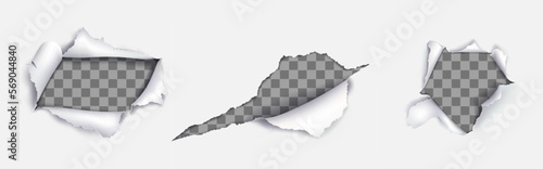 Torn paper, rip holes in white sheet isolated on transparent background. Blank paper page with ragged breaks, cuts with curl edges, vector realistic illustration