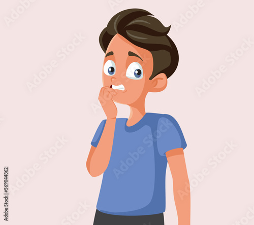 Fearful Teenage Boy Biting his Nails Vector Cartoon Illustration. Bullied and intimidated teenager showing signs of panic attacks
