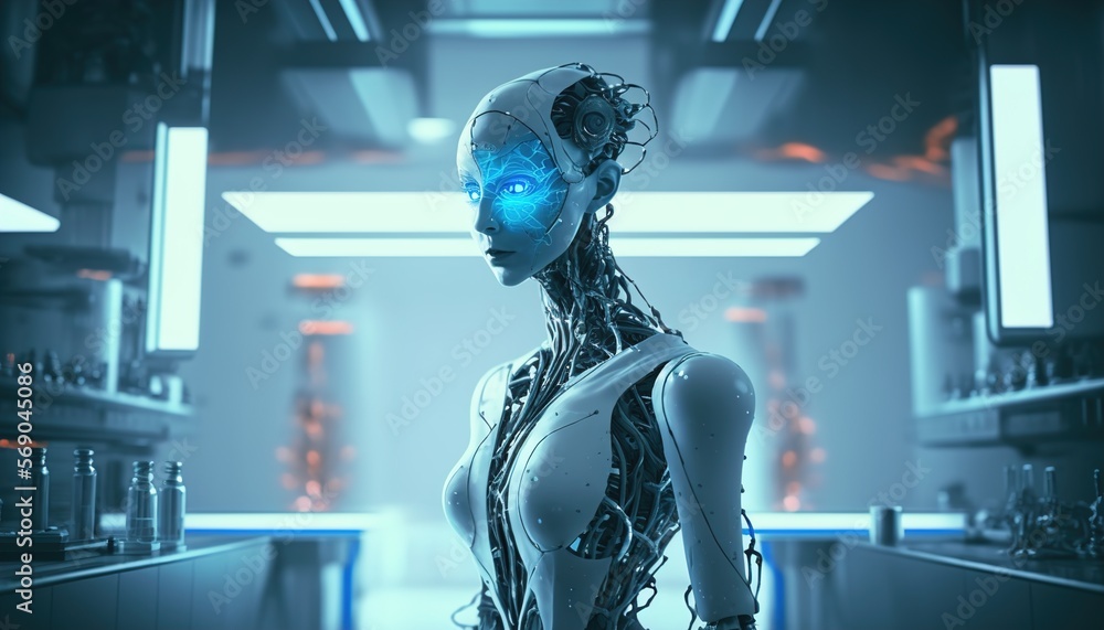 Cyborg Nuse in hospital, laboratory, futuristic created with generative ai technology Cyborg Nuse in hospital, laboratory, futuristic created with generative ai technology