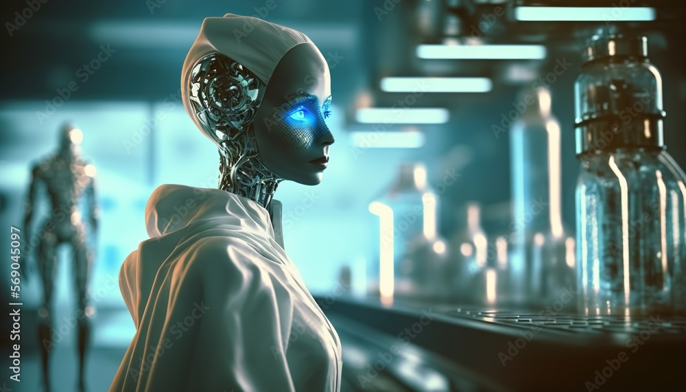 Cyborg Nuse in hospital, laboratory, futuristic created with generative ai technology Cyborg Nuse in hospital, laboratory, futuristic created with generative ai technology